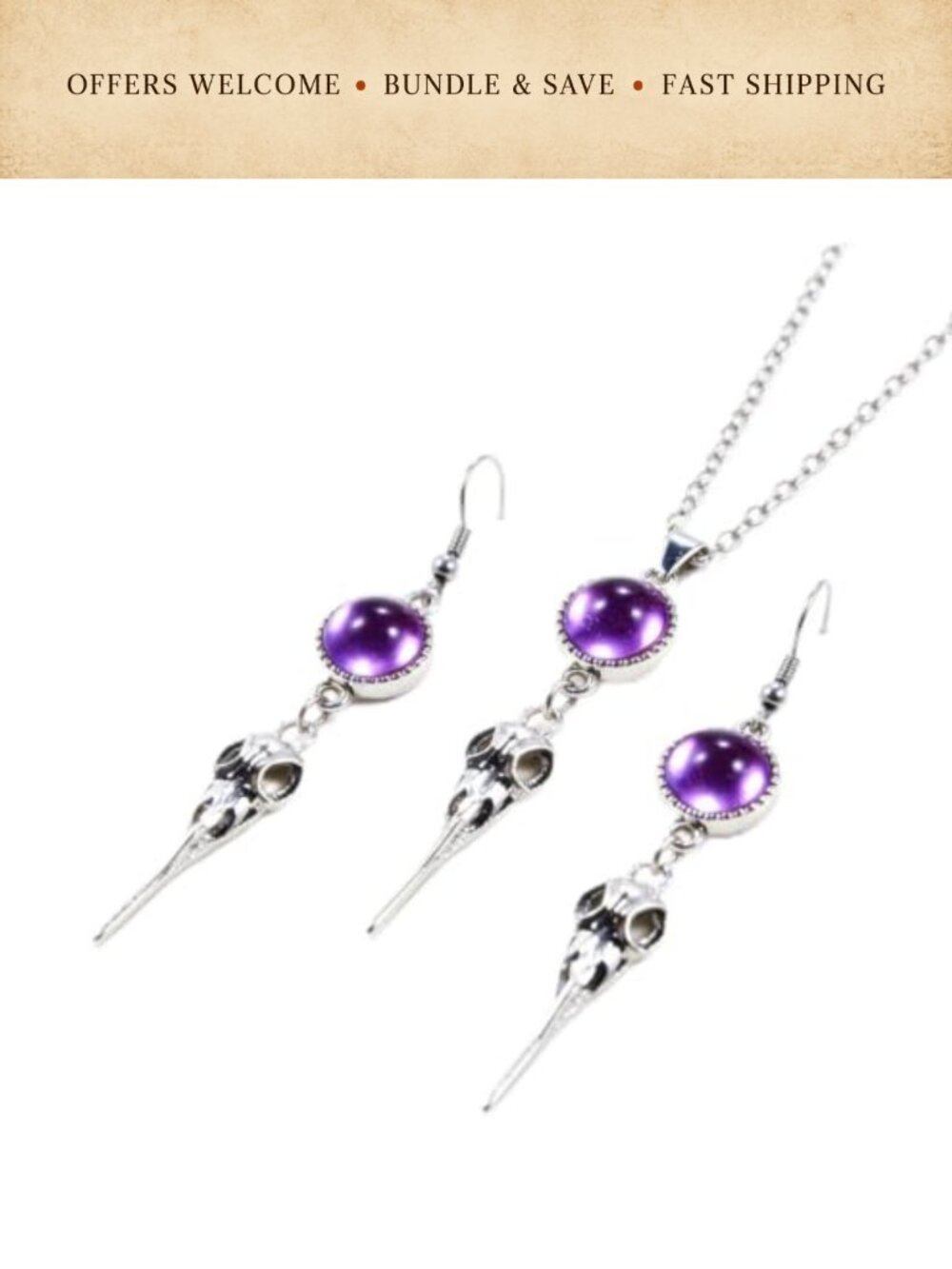 Gothic Raven Skull Necklace Earrings Set Crystal Alloy Halloween